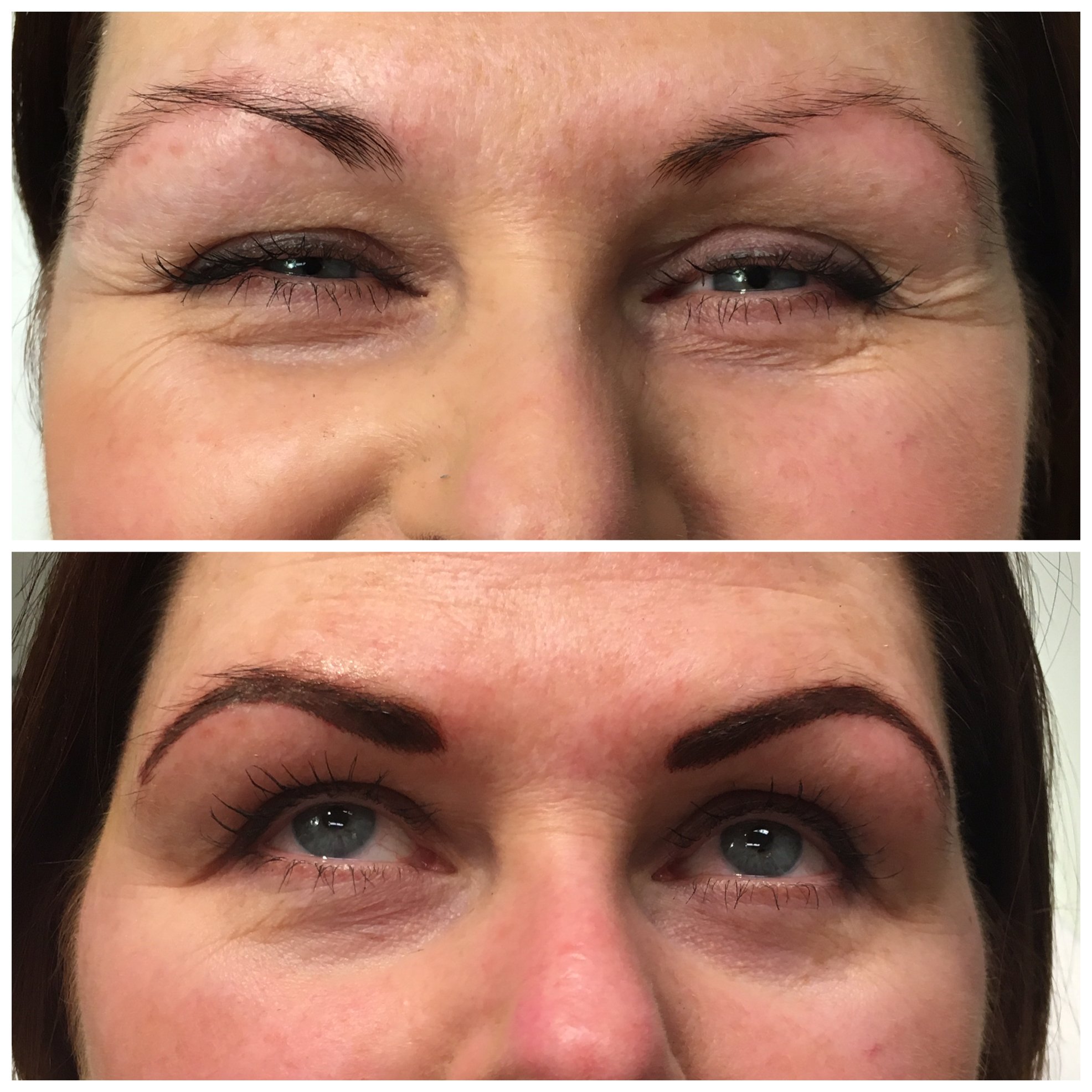 Before and after top and bottom comparison of woman's eyebrow treatment