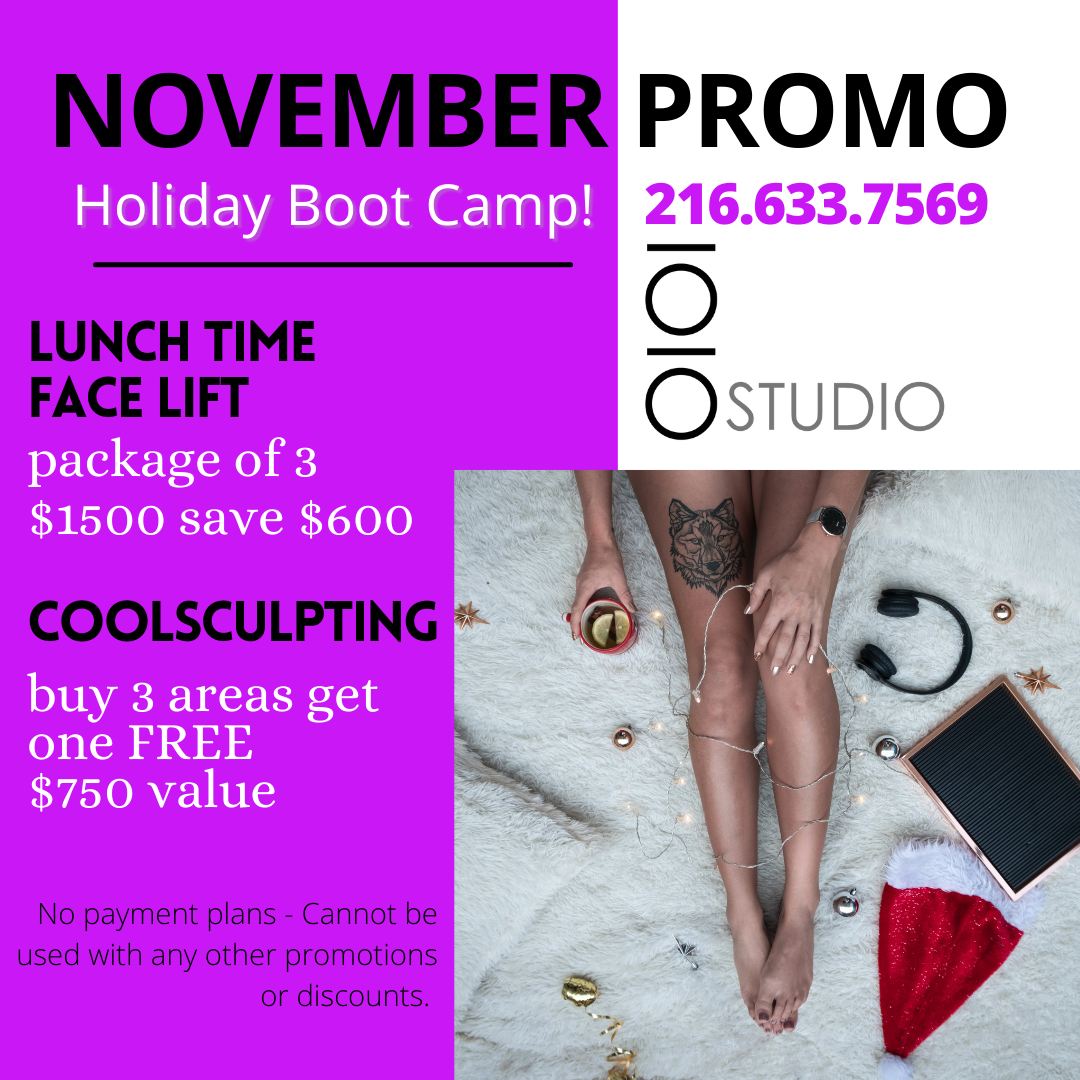 IOIO November promotion with half purple and half white background and photo of woman's legs at the beach featuring the Lunch Time Face Lift offer with a package of 3 $1500 to save $600, as well as getting one free CoolSculpting® with the purchase of 3 areas, worth $750.